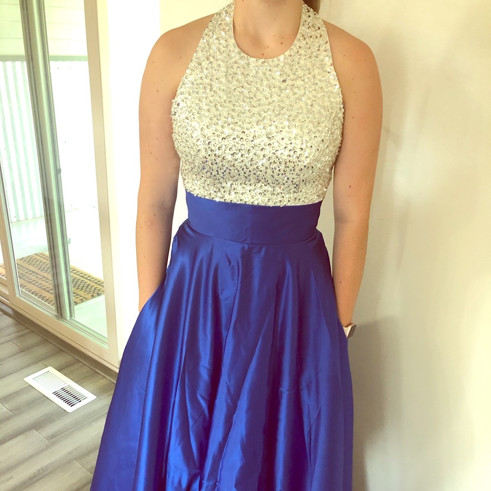 Formal, blue and silver ball gown